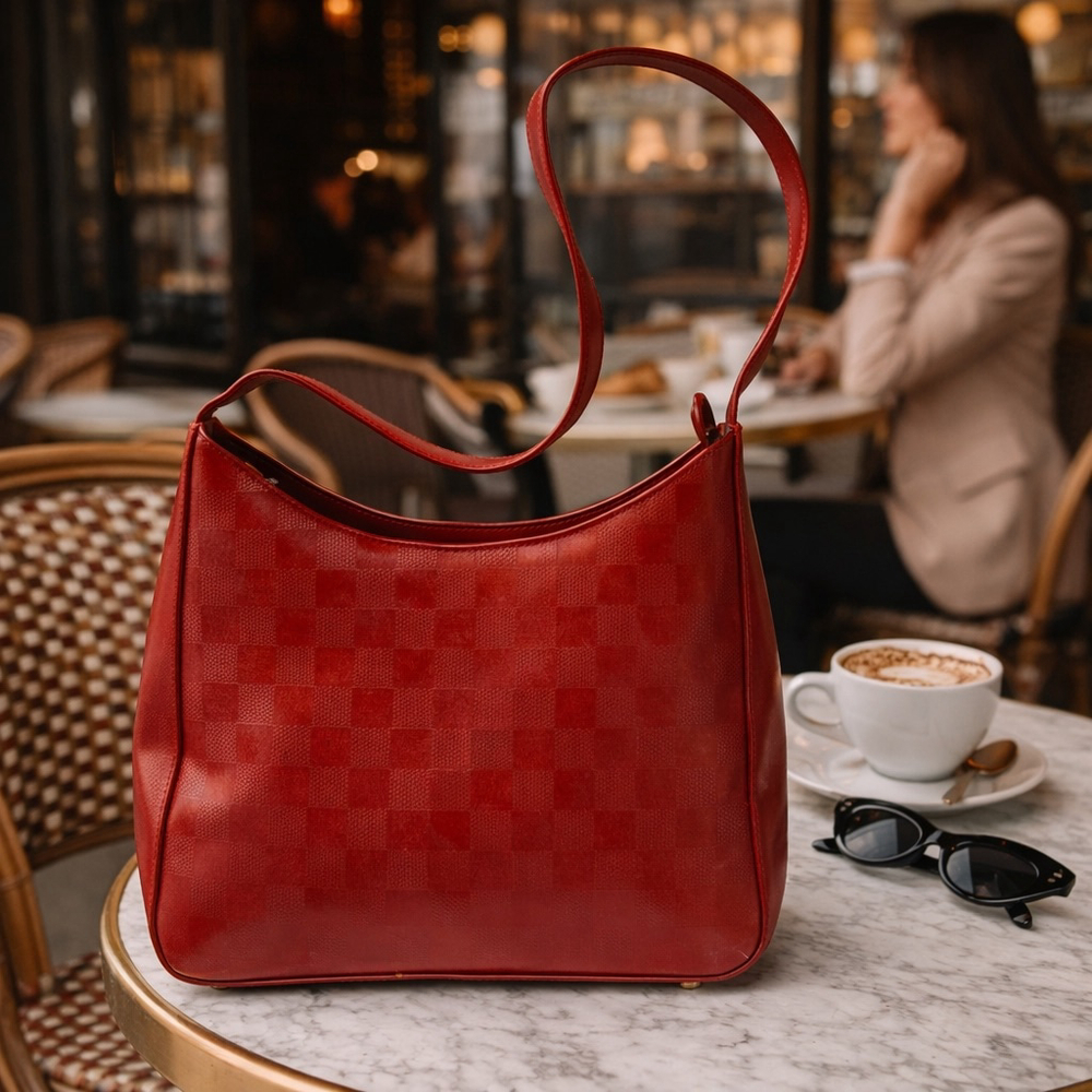 Red Leather Checkerboard Shoulder Bag / Hobo Purse